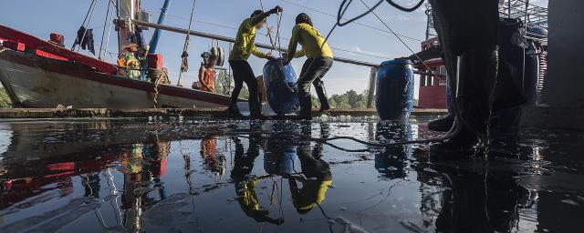 Travailleurs de la mer déchargeant leur pêche en Thaïlande