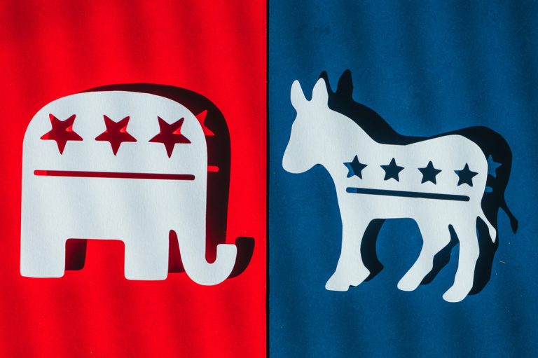 Elephant vs Donkey, Iconic Rivalry Between Democrats and Republicans for U.S. 2024 Presidential Election — image courtesy Deposit Photos