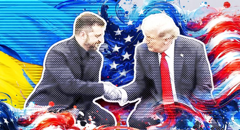 Portrait of Donald Trump, Volodymyr Zelensky,against the background of the flags of Ukraine and America. — Photo by KLYONA